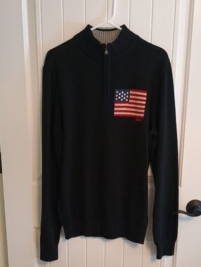 NWT Mens Chaps Medium Black  Partial Zip-Up Sweater W/ Embroidered American Flag